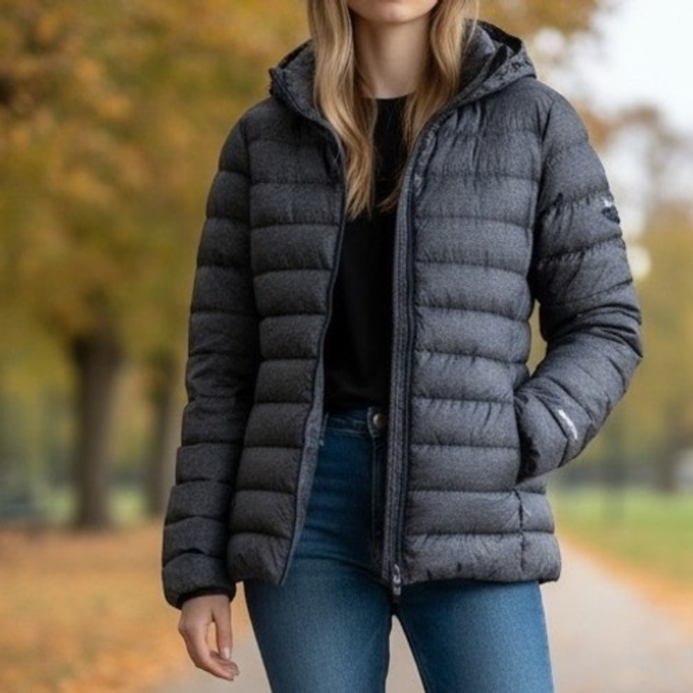 Eddie Bauer Puffer Jacket Womens L Gray Excellent EB650 Down Hooded Quilted Coat